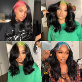 Billie Eilish Style Deep Part Green Pink Blue Roots On Black Hair Body Wave 13*6 Lace Front Wig
